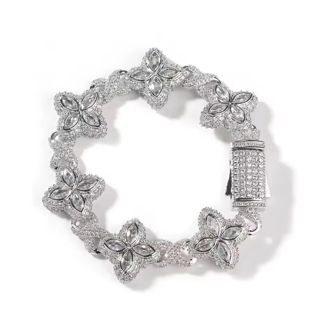 Men Silver clover Floral Link Bracelet 8inch  - Sparkling Cubic Zirconia